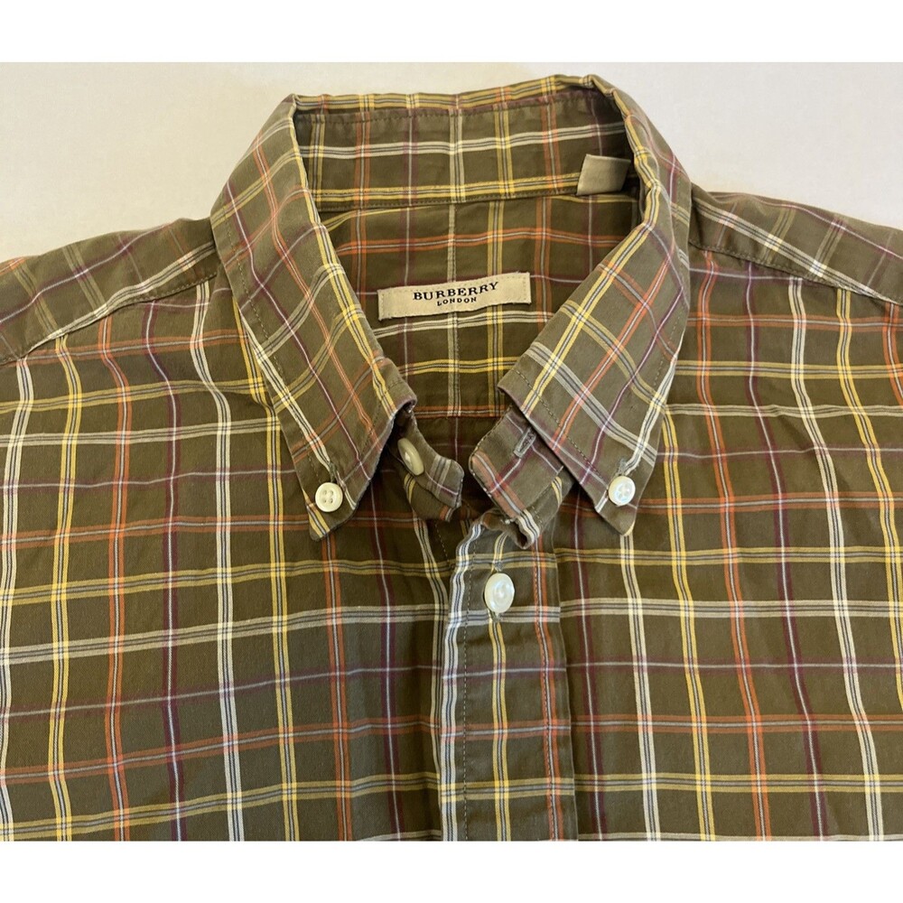 BURBERRY London Men's Brown Yellow Red Button Front Shirt Cotton Size Medium